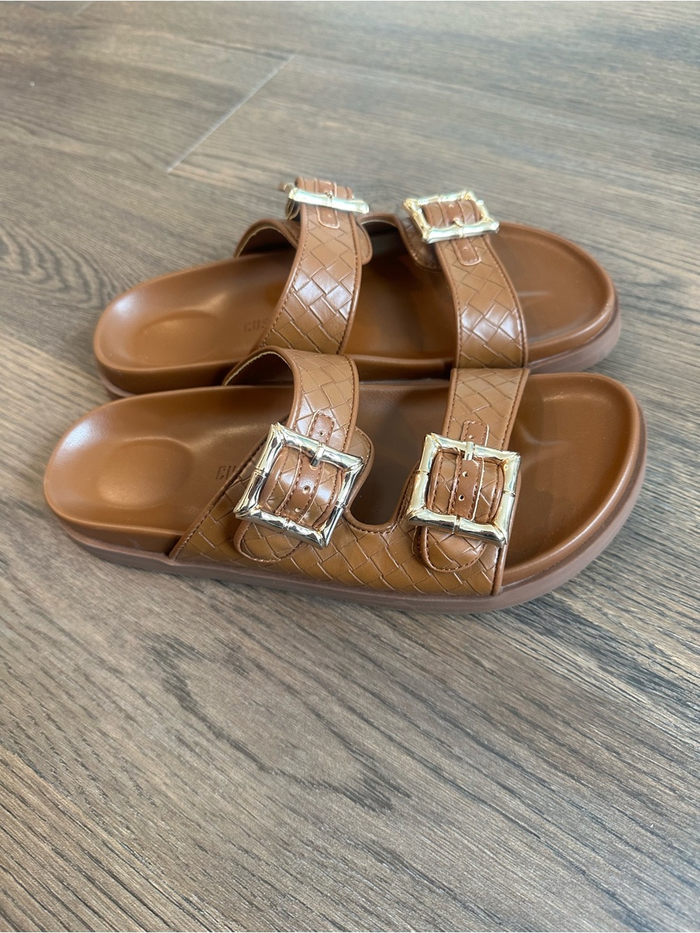 Women's Brown Double-Buckle Slide Sandals
